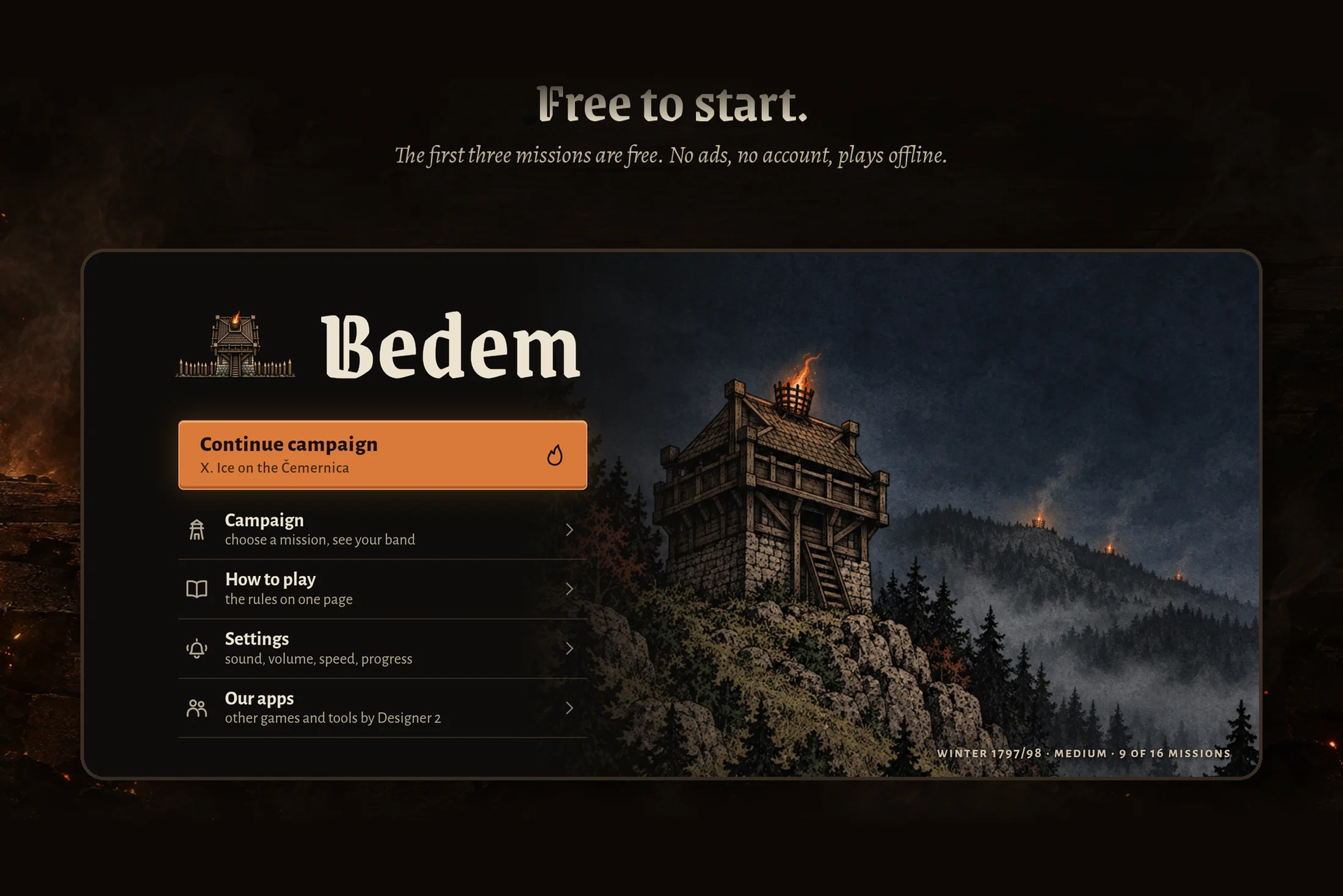 Bedem — main menu, the first three missions are free