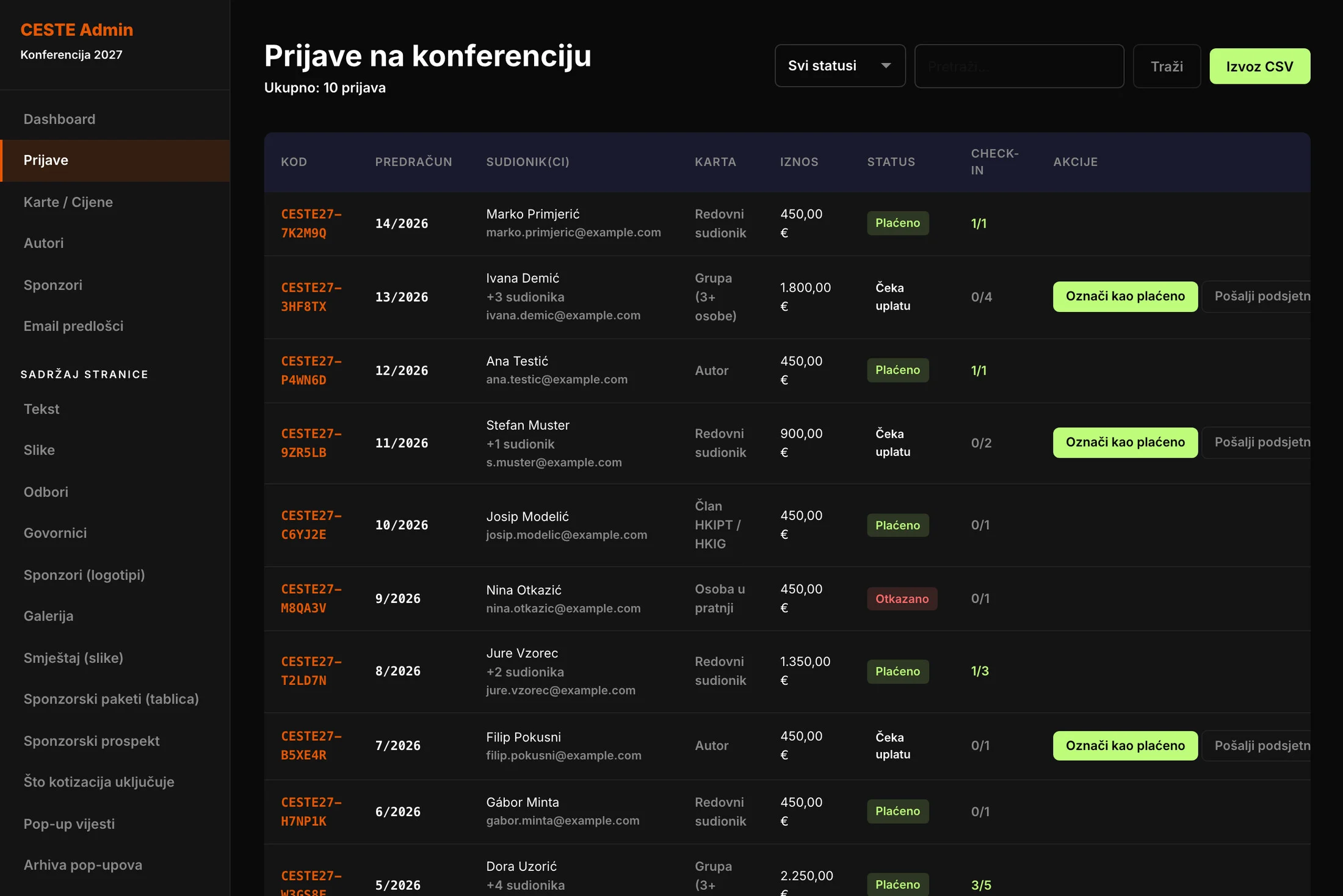 Administracija: popis prijava sa statusima uplate