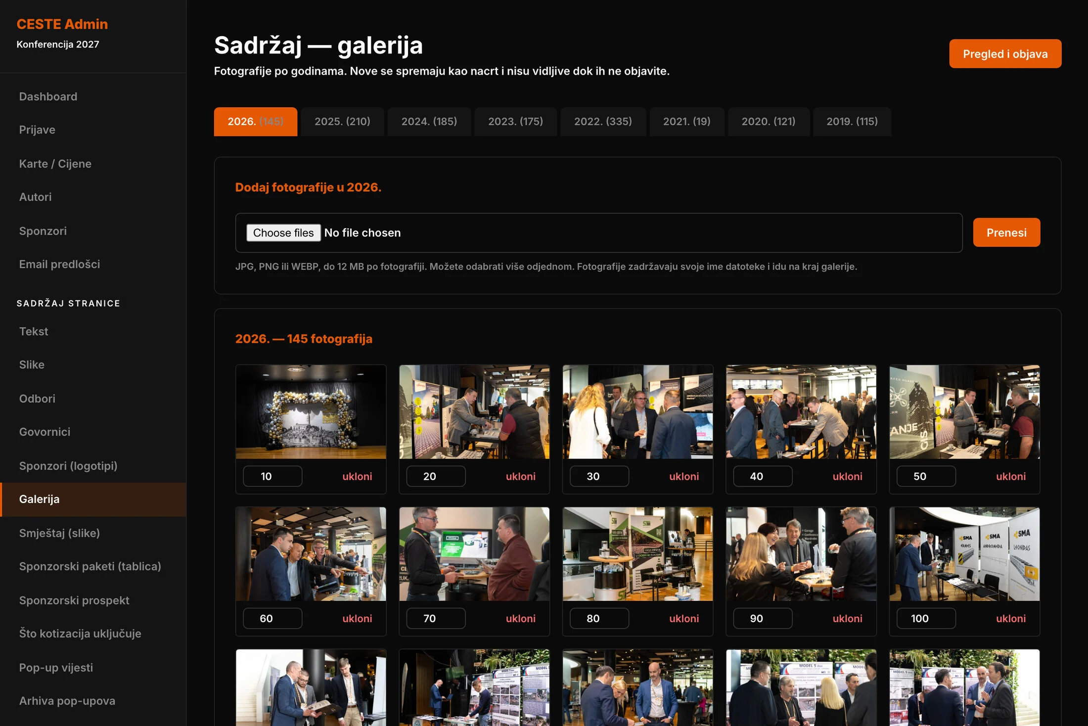 Administracija: upravljanje foto-galerijama po godinama
