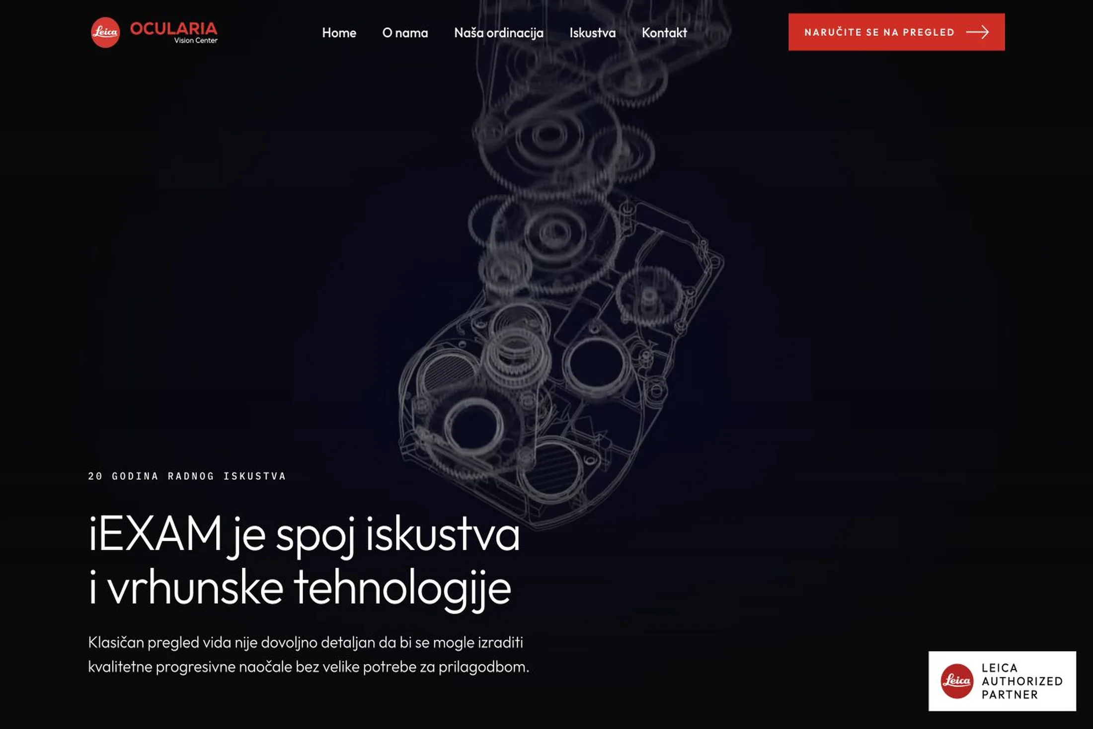 Ocularia Vision Center — tamna iEXAM sekcija stranice Naša ordinacija s tehničkim prikazom instrumenta