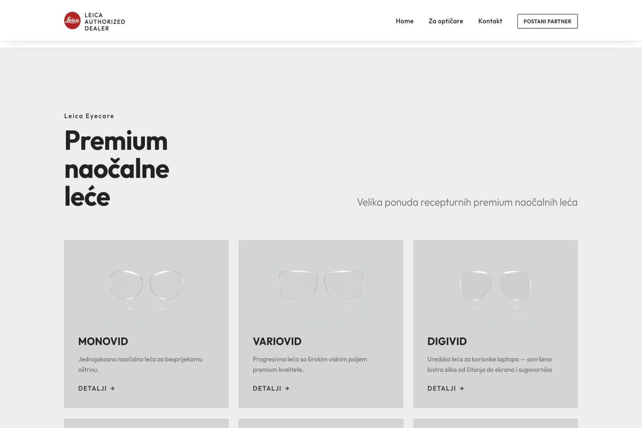Optopharm — stranica Premium naočalne leće s karticama šest obitelji Leica leća