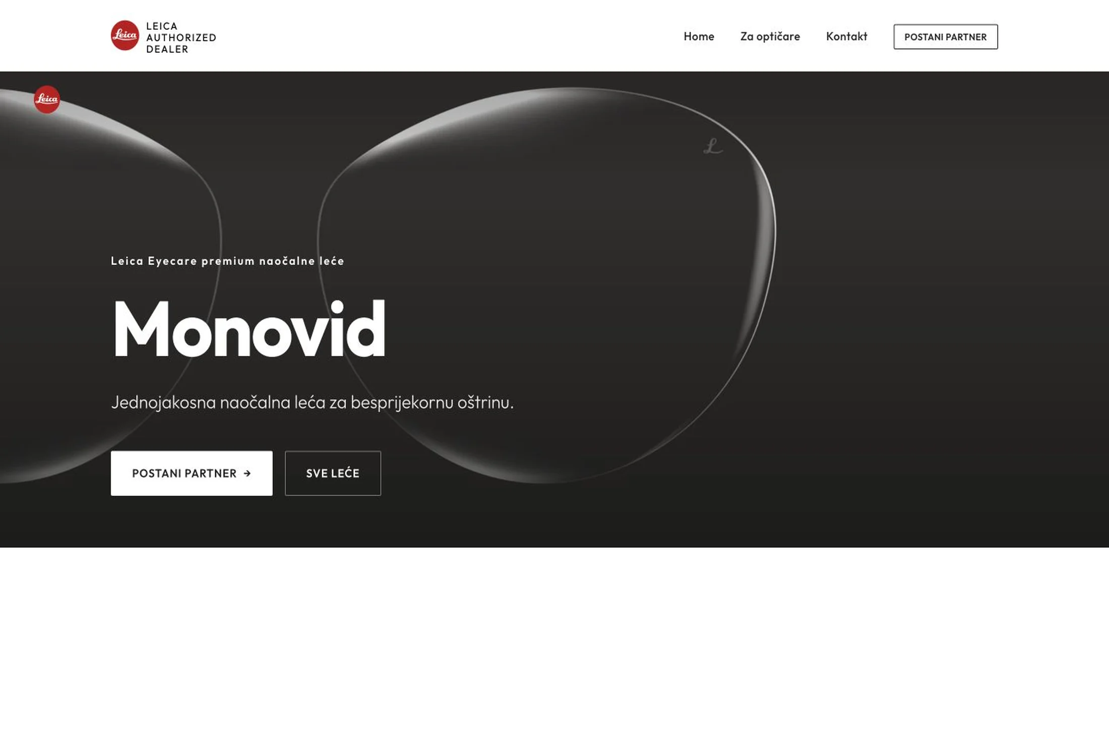 Optopharm — stranica leće Monovid s renderom leće na tamnoj podlozi