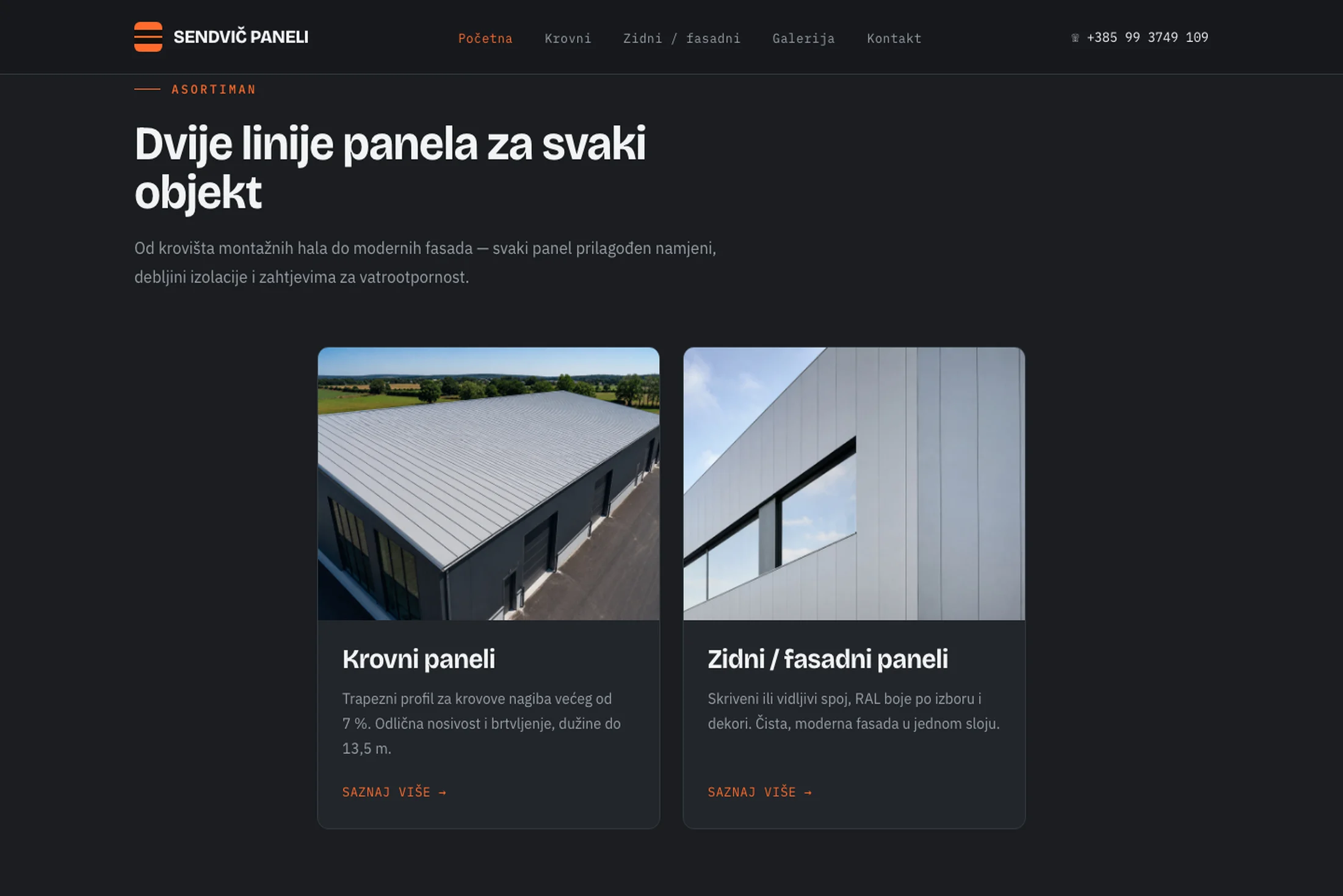 Sendvič-paneli.hr — sekcija asortimana s dvije linije panela: krovni i zidni / fasadni