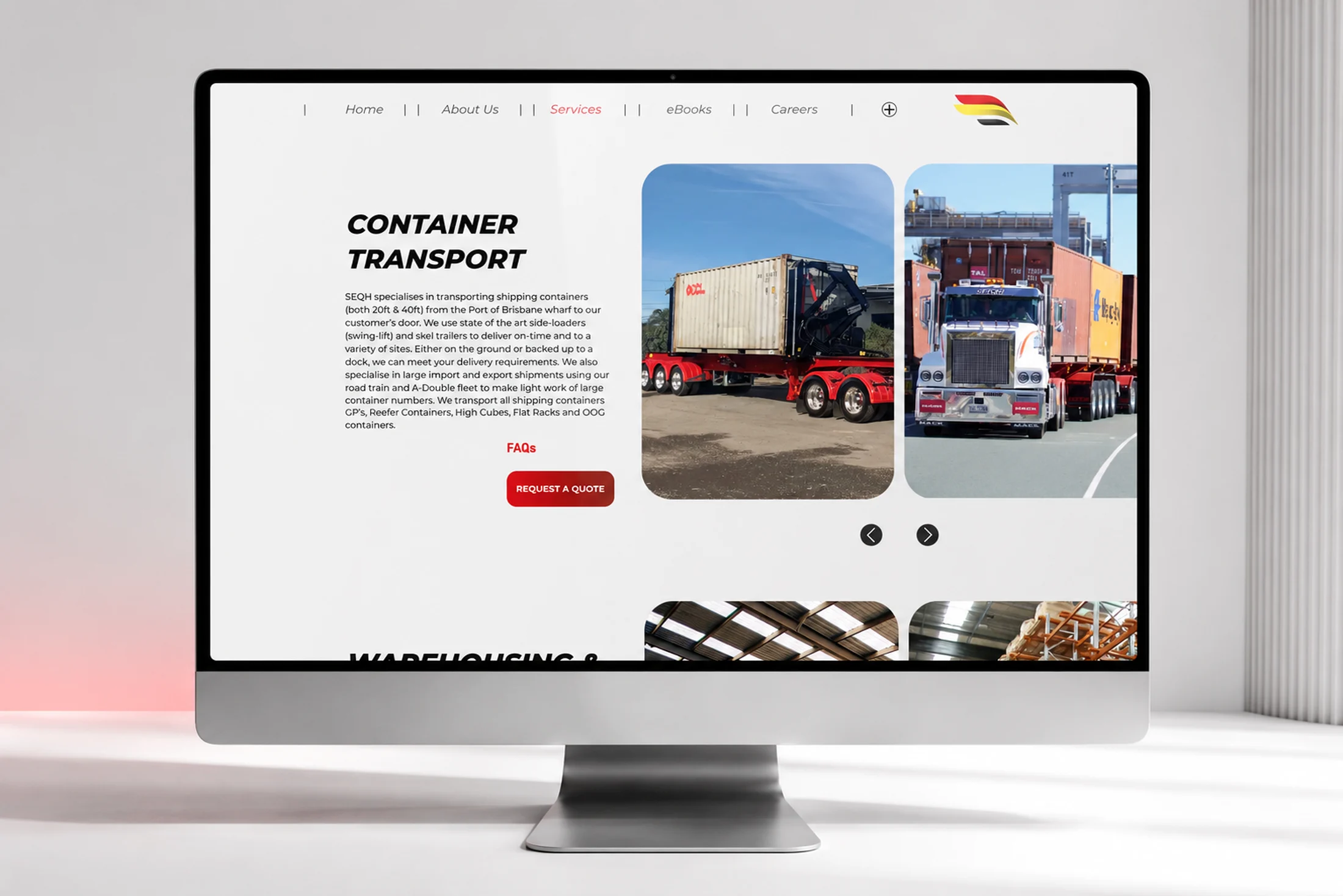 SEQH — sekcija transporta kontejnera s prikazom kamiona i animiranim dijelovima web stranice